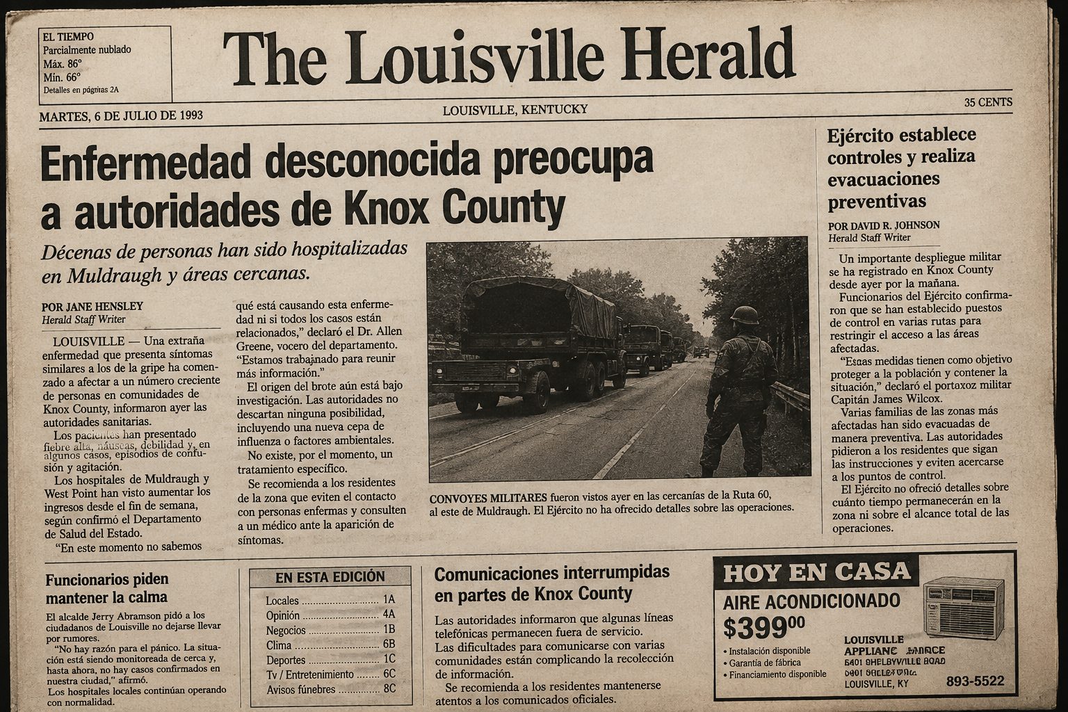 Recorte de The Louisville Herald, 6 de julio de 1993, anunciando una enfermedad desconocida en Knox County.