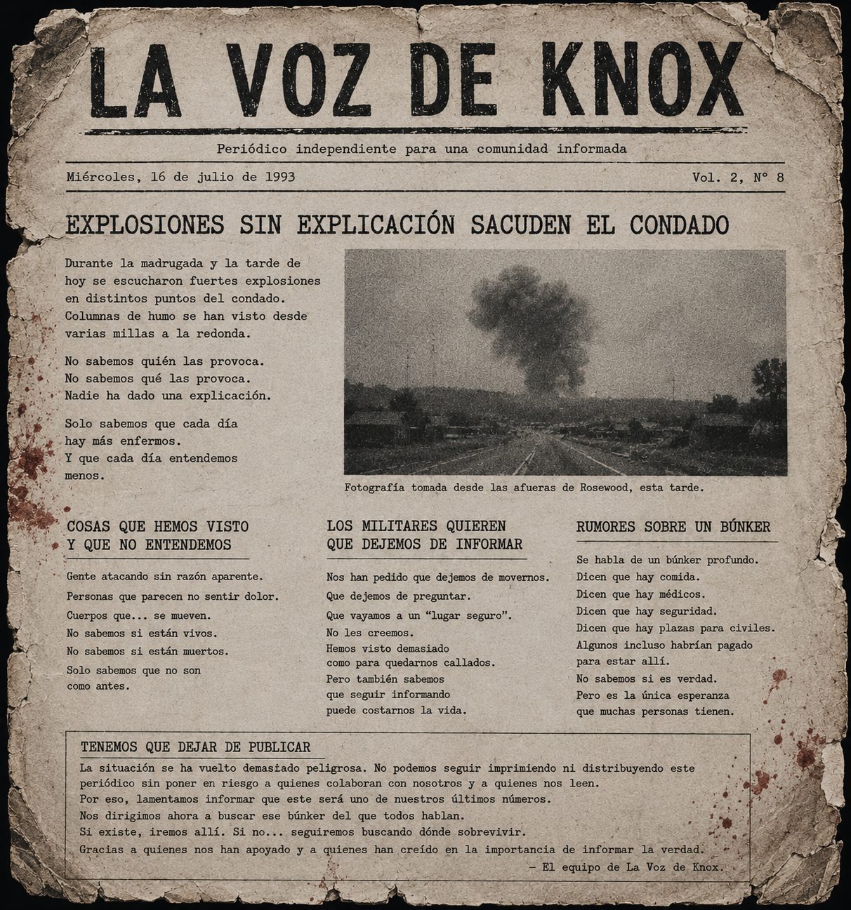 Recorte de La Voz de Knox, 16 de julio de 1993: Explosiones sin explicación oficial; rumores de un búnker bajo el condado.